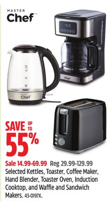 Master Chef Selected Kettles, Toaster, Coffee Maker, Hand Blender, Toaster Oven, Induction Cooktop, and Waffle and Sandwich Makers