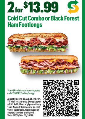 Cold Cut Combo or Black Forest Ham Footlongs