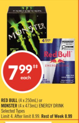 RED BULL (4 x 250mL) or MONSTER (4 x 473mL) ENERGY DRINK
