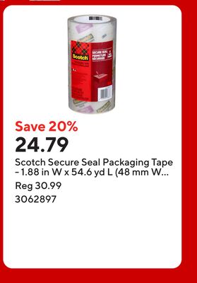 Scotch Secure Seal Packaging Tape - 1.88 in W x 54.6 yd L (48 mm W x 50 m L) - 4 Roll pk