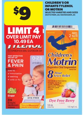 CHILDREN'S OR INFANTS TYLENOL OR MOTRIN