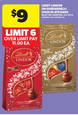 LINDT LINDOR OR GHIRARDELLI CHOCOLATE BAGS, 142-153 G