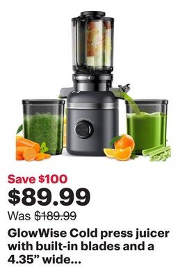 GlowWise Cold press juicer with built-in blades and a 4.35" wide chute for whole fruits/veggies. Quiet, easy to clean, and high juice yield for efficient, hassle-free juicing