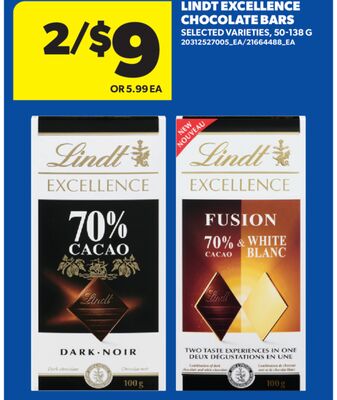 LINDT EXCELLENCE CHOCOLATE BARS, 50-138 G