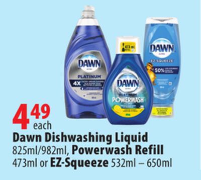 Dawn Dishwashing Liquid 825ml/982ml, Powerwash Refill 473ml or EZ-Squeeze 532ml-650ml