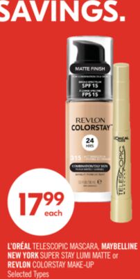 L'ORÉAL TELESCOPIC MASCARA, MAYBELLINE NEW YORK SUPER STAY LUMI MATTE or REVLON COLORSTAY MAKE-UP