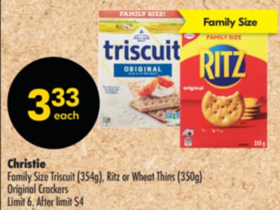 Christie Family Size Triscuit (354g), Ritz or Wheat Thins (350g) Original Crackers