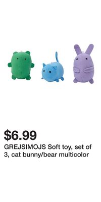 GREJSIMOJS Soft toy, set of 3, cat bunny/bear multicolor