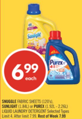 SNUGGLE FABRIC SHEETS (120's), SUNLIGHT (1.84L) or PUREX (1.92L - 2.26L) LIQUID LAUNDRY DETERGENT