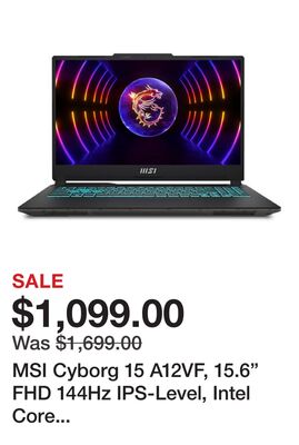 MSI Cyborg 15 A12VF, 15.6" FHD 144Hz IPS-Level, Intel Core i7-12650H, NVIDIA GeForce RTX 4060, 16GB DDR5, 512GB SSD, Windows 11 Home (A12VF-2064CA)