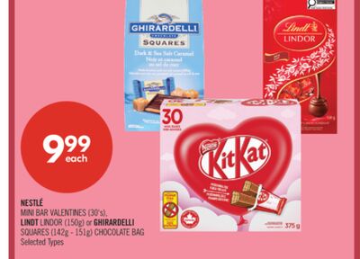 NESTLÉ MINI BAR VALENTINES (30's), LINDT LINDOR (150g) or GHIRARDELLI SQUARES (142g - 151g) CHOCOLATE BAG