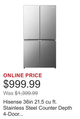 Hisense 36in 21.5 cu ft. Stainless Steel Counter Depth 4-Door Refrigerator with Triple-Zone Function