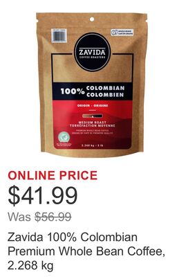 Zavida 100% Colombian Premium Whole Bean Coffee, 2.268 kg
