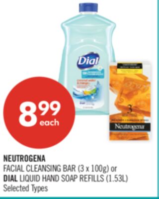 NEUTROGENA FACIAL CLEANSING BAR (3 x 100g) or DIAL LIQUID HAND SOAP REFILLS (1.53L)