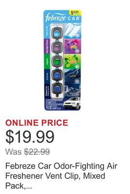 Febreze Car Odor-Fighting Air Freshener Vent Clip, Mixed Pack, 2.2ml, 5 count