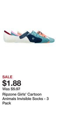 Ripzone Girls' Cartoon Animals Invisible Socks - 3 Pack