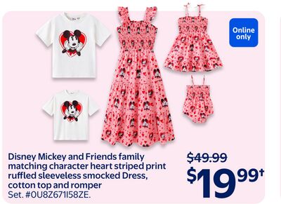 Disney Mickey and Friends family matching character heart striped print ruffled sleeveless smocked Dress, cotton top and romper