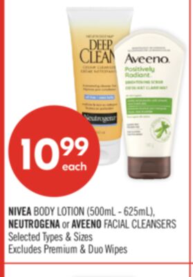 NIVEA BODY LOTION (500mL - 625mL), NEUTROGENA or AVEENO FACIAL CLEANSERS