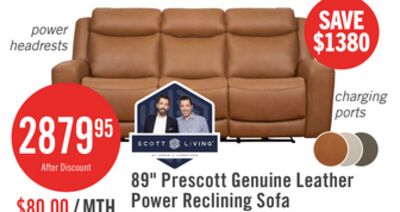 Scott Living Prescott 88.5" Genuine Leather Power Reclining Sofa with Power Headrests - Butternut Brown